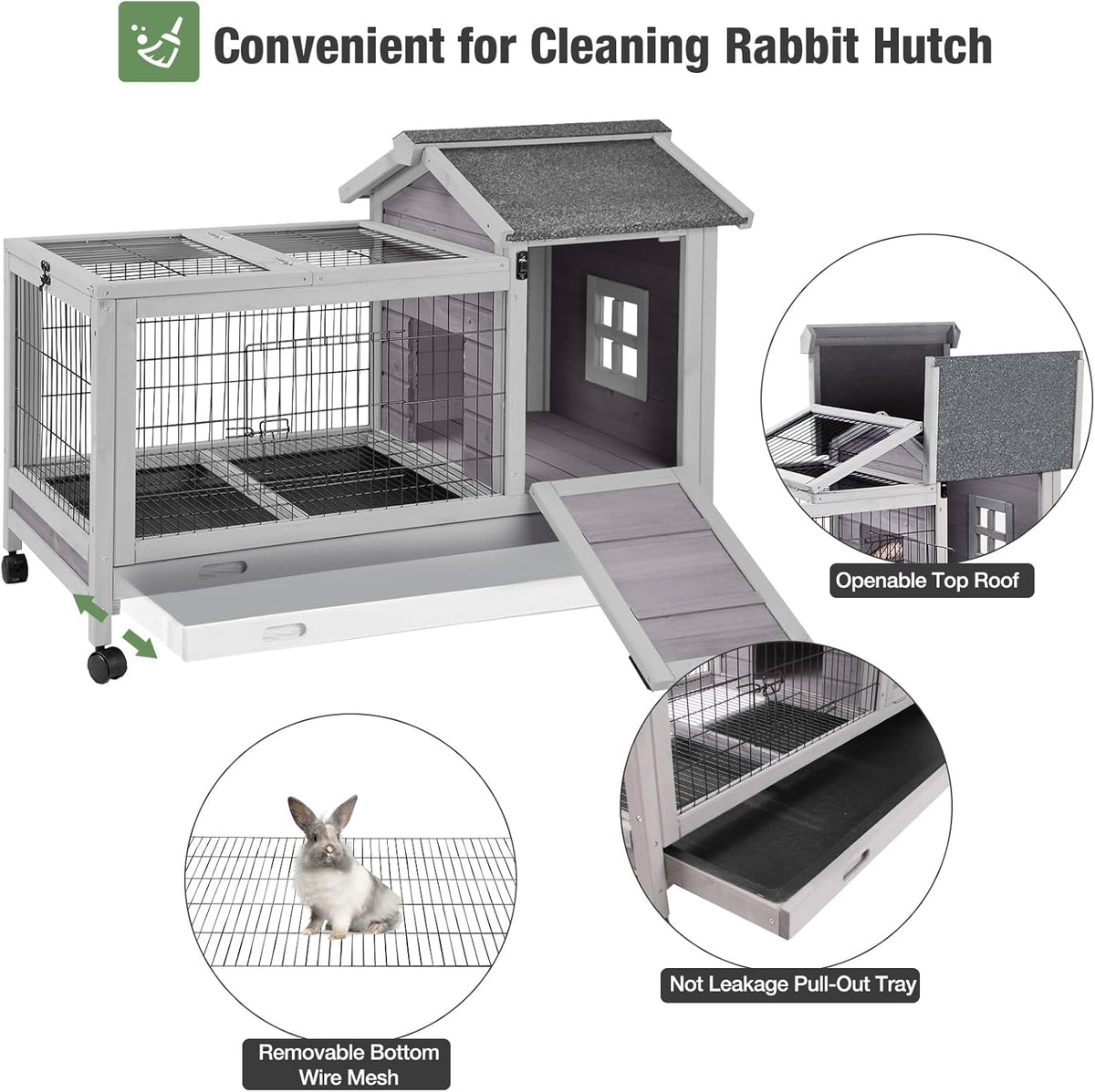 Wooden Rabbit Hutch Indoor and Outdoor, Rabbit Cage with Removable Wire Netting and Leak Proof Tray, Mobile Bunny Cage with Wheels