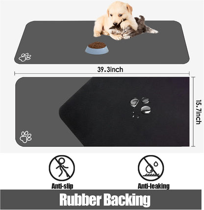 Large Pet Feeding Mat, 39.3"x15.7" Absorbent Quick Dry Dog Mat for Food and Water Bowl, Non Skid Cat Bowl Mat, No Stains for Pet Water Dispenser Pet Supplies for Messy Drinkers