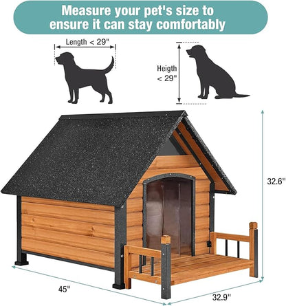 Dog House with Heating Pad, Weatherproof Outdoor Kennel for Large Dogs, Chew-Resistant Iron Frame & Asphalt Roof (Wood, L)