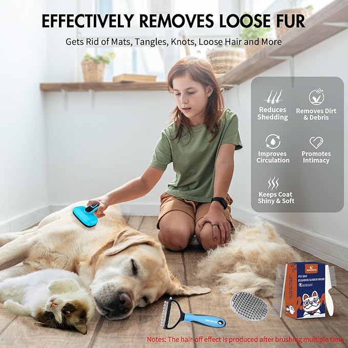 5 PCS Dog Grooming Brush Kit – Self Cleaning Slicker Brush for Shedding Short & Long Haired Dogs & Cats. Removes Loose Fur, Undercoat, Mats, Tangles. Suit for Small, Medium & Large Pets. Blue