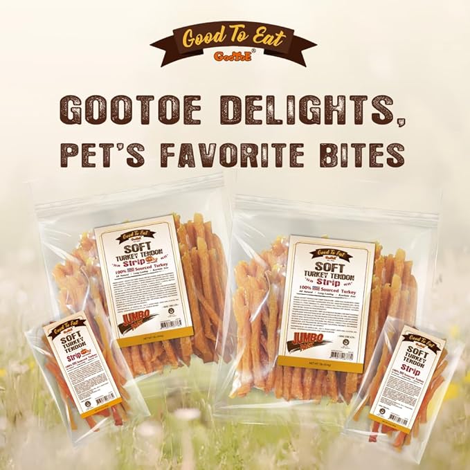 Gootoe Soft Turkey Tendon Stirip 1 lb, Natural Chewy Snack, USA-Sourced Turkey Tendon, Premium Training Chew, Hypoallergenic, Reseal Value Bag, Ideal for Small& Senior Dog, Jumbo Pack