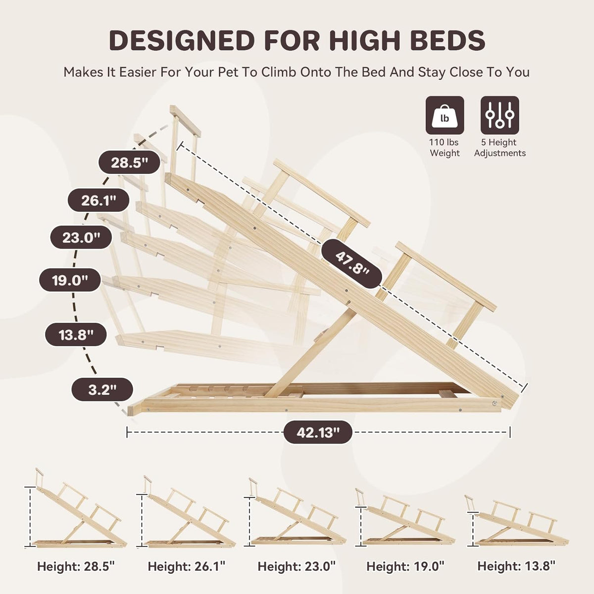 Dog Ramp for Bed PANTAZO Adjustable Ramps for Small Dogs to Get on Bed, Up to 28.5 Inches, 48'' Long,120lbs with Anti-Slip Grip & Safety Rail