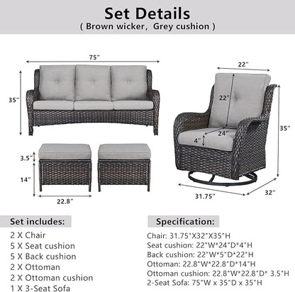 Belord 5 Piece Outdoor Patio Furniture Set - Wicker Furniture Patio Conversation Set, Outdoor Swivel Rocker Chairs with 3-Seater Sofa and 2 Ottomans for Small Space, Gray Cushion
