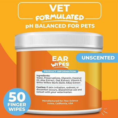 Dog & Cat Ear Cleaner Wipes – Pet Finger Wipes for Cats & Dogs – Cleaning, Soothing, & Deodorizing Itchy Ears – Ear Relief Solution Wash (Unscented)