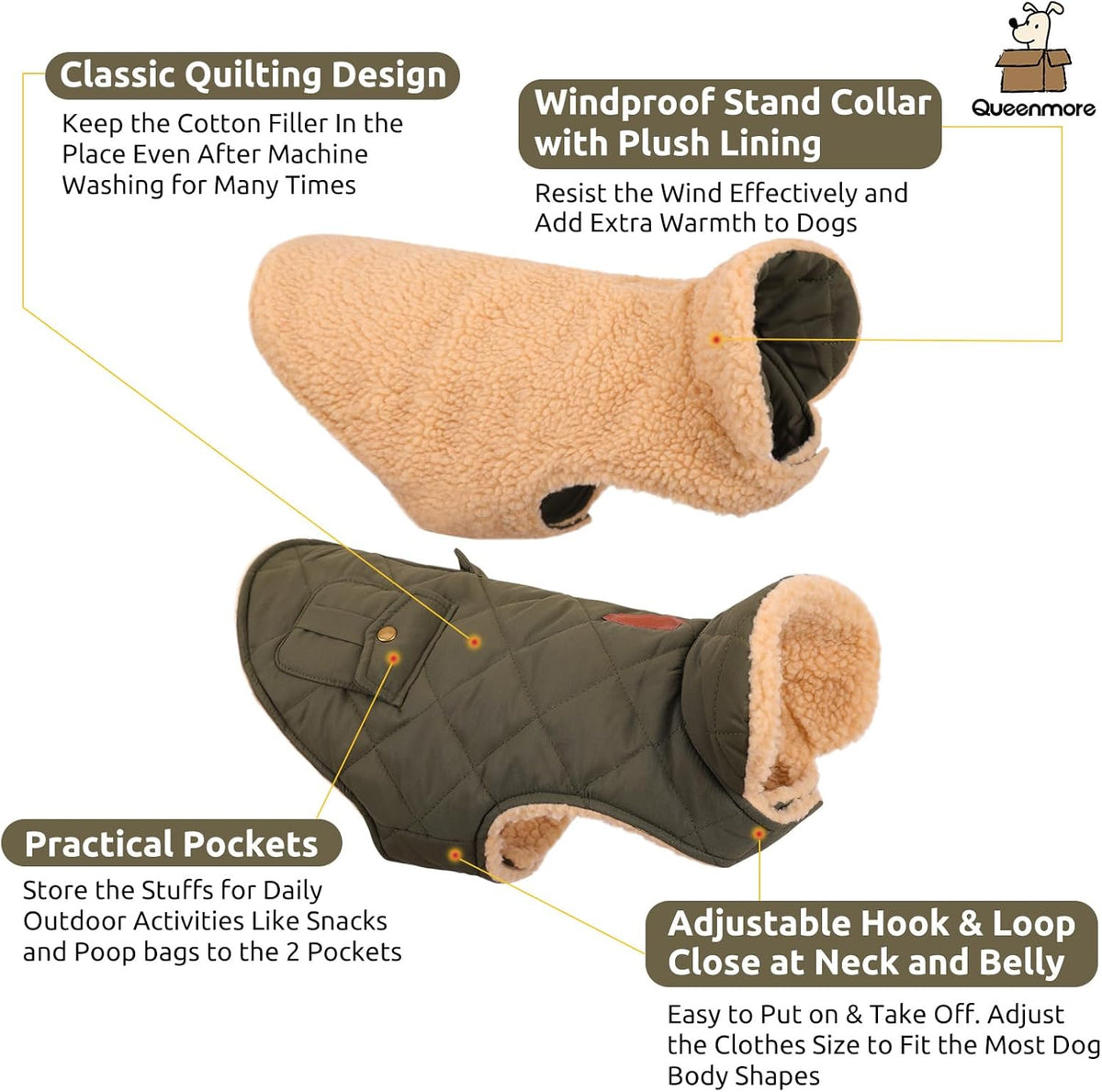 Queenmore Warm Coat for Cold Weather, Quilting Winter Jacket With Ultra Thick Plush Lining and Storage Pockets (Green, X-Large)