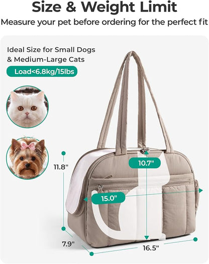 BAGSMART Dog Purse Carrier for Small Dogs Up to 13lbs Puppy Travel Tote Bag | Quilted Puffy Soft Sided Pet Handbag with Pockets, Collapsible Lightweight Portable Carrying with Safety Tether & Mat, Brown