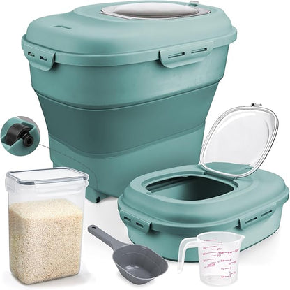 Rice Storage Bin Cereal Containers, 13-50lb Collapsible Rice Container Dispenser with Transparent Lid, Rolling Wheels, Measuring Cup and Scoop, Airtight Dog Cat Pet Food Storage Container Green