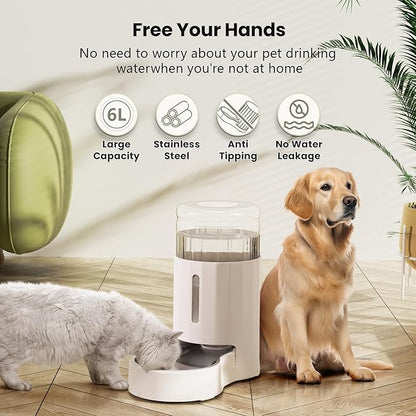 CZPET Automatic 6L Dog and Cat Water Dispenser with Stainless Steel Bowl Gravity Waterer,100% BPA-Free,Large Capacity and Drinking Area Noise-Free for Pets(6L Water Dispenser, White)