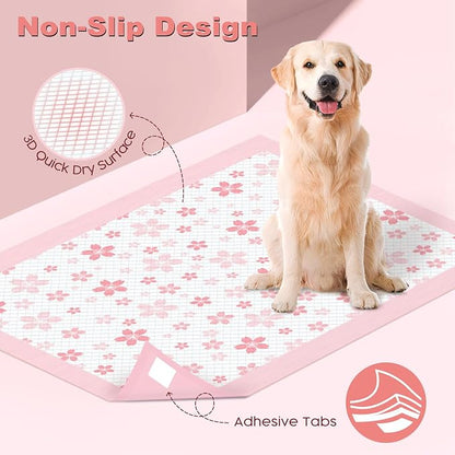 MIZOK Pink Puppy Pads with Adhesive Tabs Disposable No Leak XL 28x34in 40Ct | Cute Cherry Blossom Prints Provide 6 Layer Protection Extra Absorbent Doggy Pads Designed for Clean Daily Indoor Use