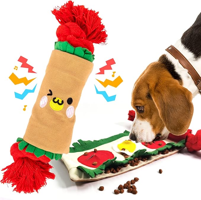 Dog Puzzle Snuffle Mat Toys, Squeaky Enrichment Rope Crinkle Treat Dispensing Tug Toy for Small Medium Large Dog, Boredom and Mental Stimulation Toy, Burrito