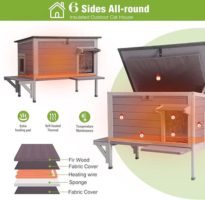 GUTINNEEN Heated Cat House for Outside Insulated Cat House Outdoor Weatherproof Feral Cat Shelter with Heated Pad, All-Round Thermal Liner, Secure Escape Doors for Cats (Winter-Ready)
