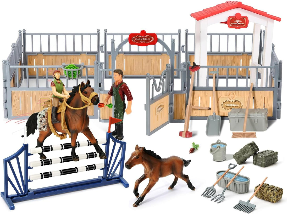 Horse Stable Playset, Horse Toys Set for Girls and Boys with Rider, Farm Animal Figurines Barn Toys, Pretend Play for Kids 3-5 6 7 8-10 Birthday Gifts