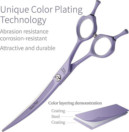 Fenice Peak Curved Dog Grooming Scissors with Violet Color Coating 440C Stainless Steel Pet Grooming Bending Shears Sharp and Durable Comfortable Engonomic Handle