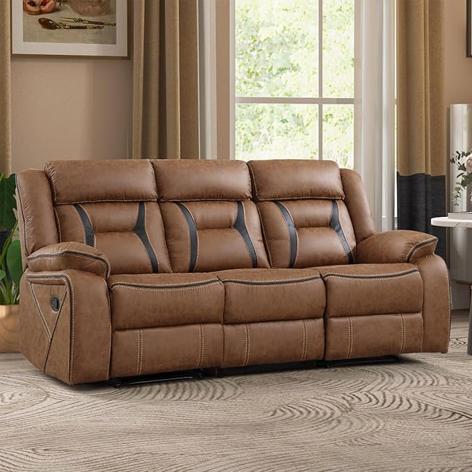 EBELLO Faux Leather Manual Reclining Sofa, 3 Seat Recliner Sofa Chair, Couch Furniture for Living Room, Furniture, Meeting Room, Brown (3 Seat Sofa)