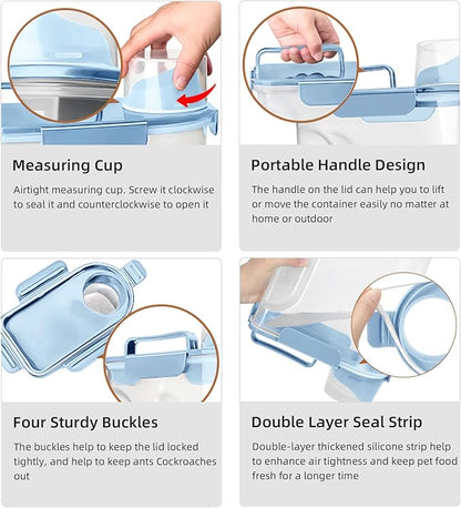5-7Lbs Small Cat Dog Food Storage Containers BPA Free, Airtight Pet Food Storage Containers with Large Pour Spout/1 Measuring Cup/ 4 Safety Locks and double-layer silicone strip (Elegant Blue)