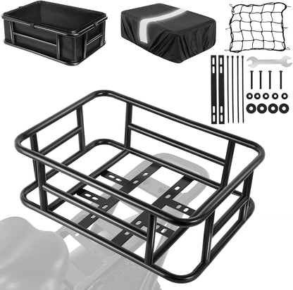 Bike Basket Rear with Liner,Waterproof Cover,Cargo Net Large Rear Bike Basket,Heavy Duty Bicycle Rear Basket for Electric Bike, Ebike,Great for Bike Trip,Carrying Grocery,Ball,Dog
