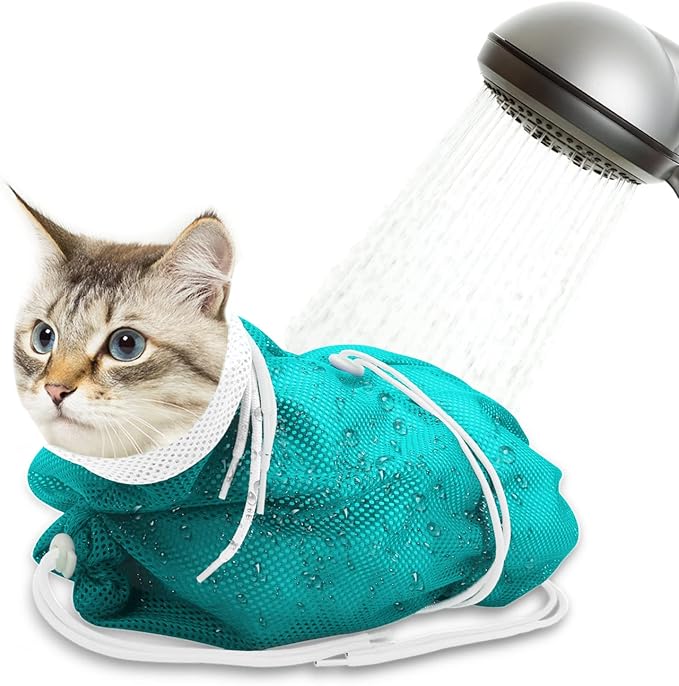 Breathable Mesh Shower Bag - Anti Scratch Adjustable Grooming for Nail Trimming, Bathing - Polyester Soft Cat Washing (White-Green)