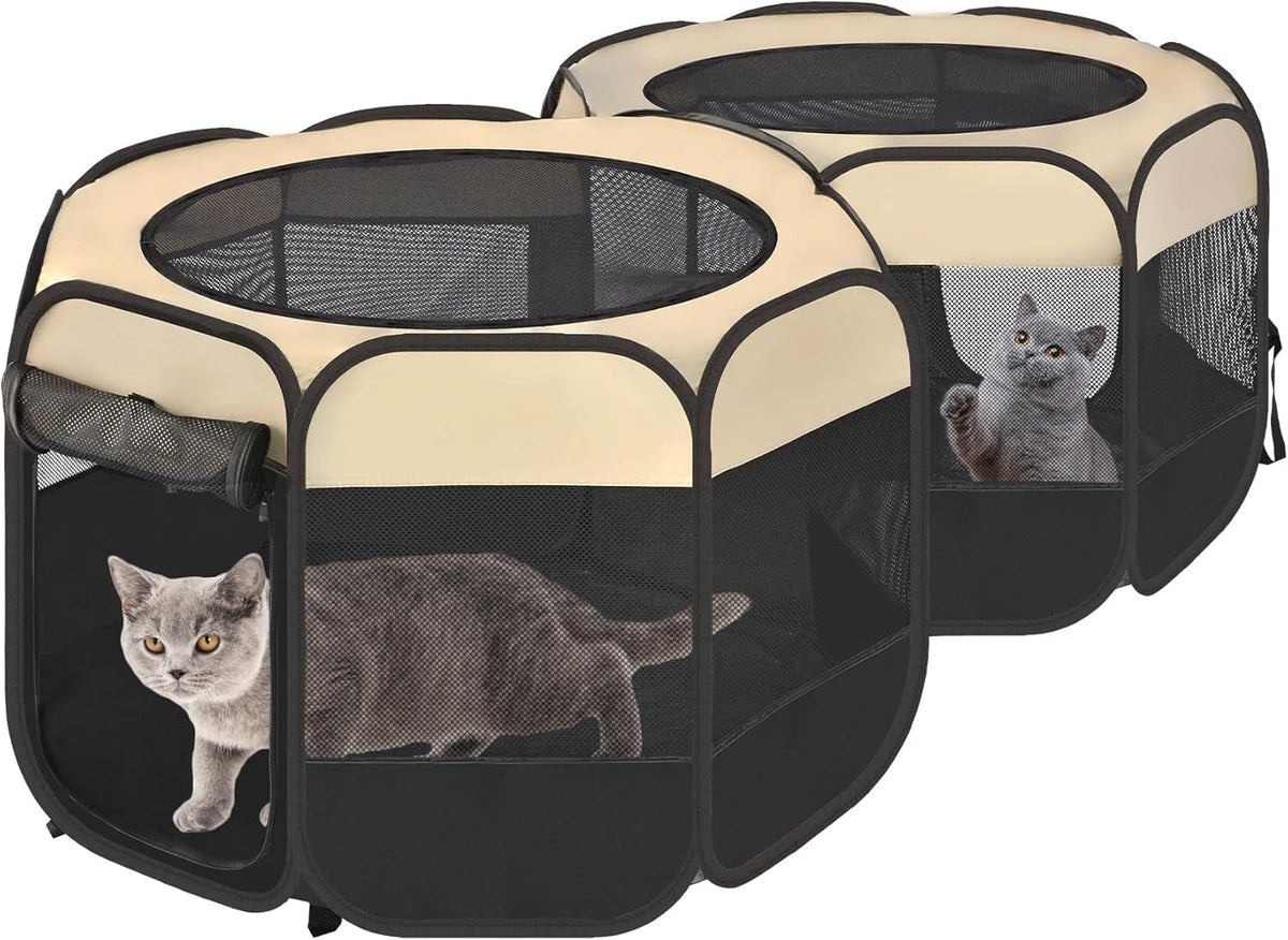 EighteenTek 2-in-1 Pop Up Cat Playpen, Assembly-Free Dog Puppy Pet Playpen, Indoor Outdoor Cats Enclosed, Cat Tent House Crate Cage, Portable & Foldable Playpen for Kittens(No Divider, Unified Space)
