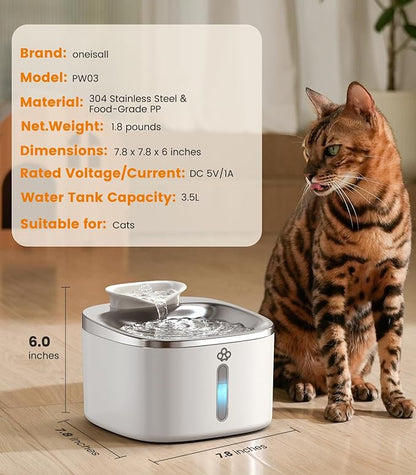 oneisall 3.5L Water Fountains for Cats Indoor, Stainless Steel Pet Drinking Fountains Automatic Running Cat Waterer Fountains Quiet, White