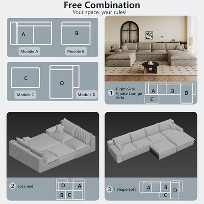 136" Cloud Sectional Couch U-Shaped Chaise with Ottoman, Corduroy Boneless Couch for Living Room Bedroom, Deep-Seat Upholstered Modular Cloud Sofa, No Assembly Required (Camel, Right Facing Chaise)