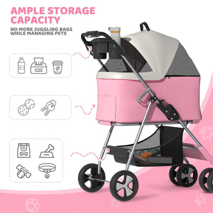Magshion Foldable Pet Stroller, 3-in-1 Dog Travel Jogger with Detachable Carrier, Cup Holder, Storage Basket, Folding Carrier for Small/Medium Dogs & Cats Up to 33 lbs, Pink