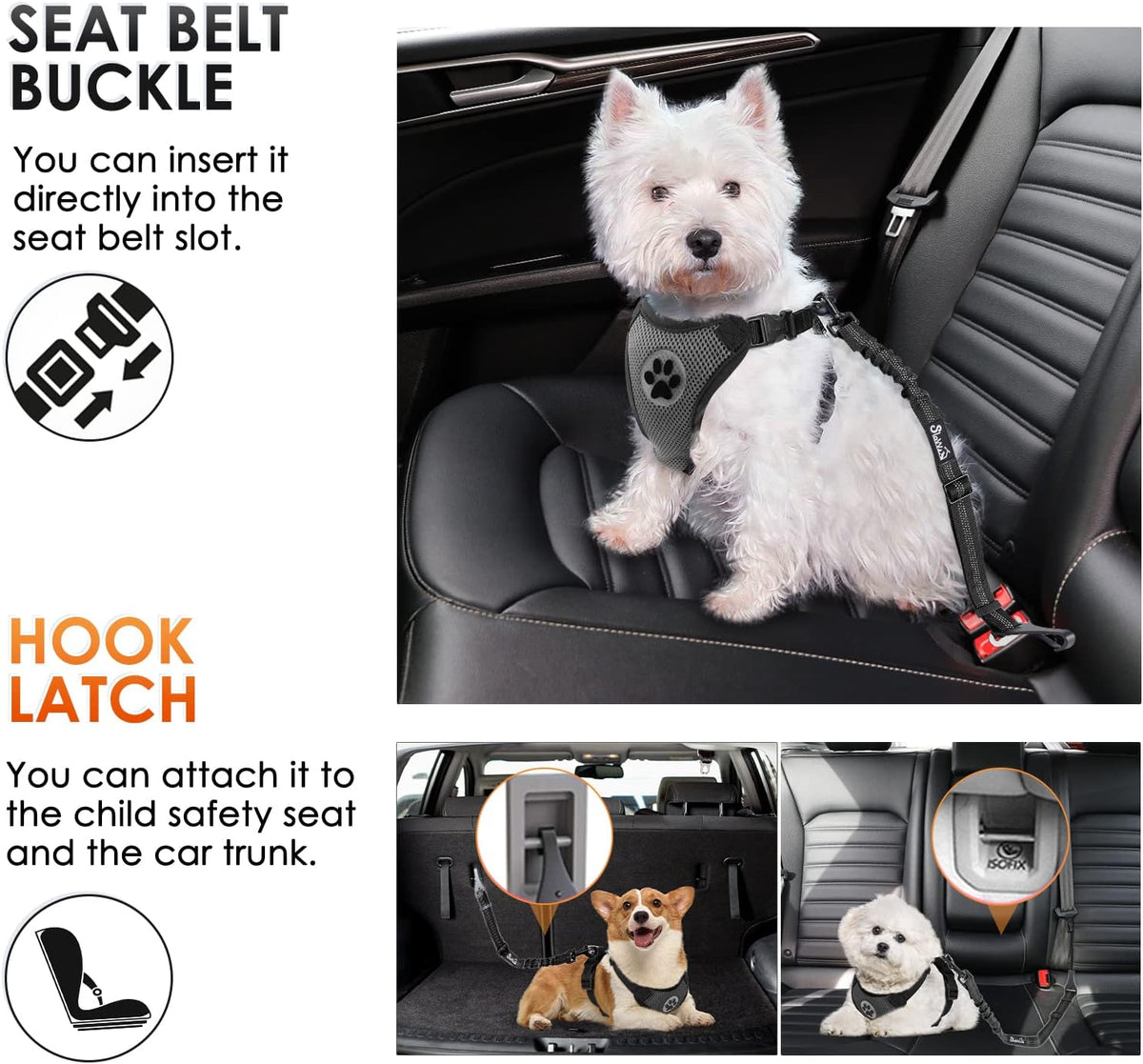SlowTon Dog Seat Belt, Adjustable Dog Safety Belt Leash, 2 in 1 Latch Bar Attachment Dog Car Seatbelt with Elastic Nylon Bungee Buffer, Reflective Nylon Belt Tether Connect to Dog Harness (Black)