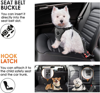 SlowTon Dog Seat Belt, Adjustable Dog Safety Belt Leash, 2 in 1 Latch Bar Attachment Dog Car Seatbelt with Elastic Nylon Bungee Buffer, Reflective Nylon Belt Tether Connect to Dog Harness (Black)