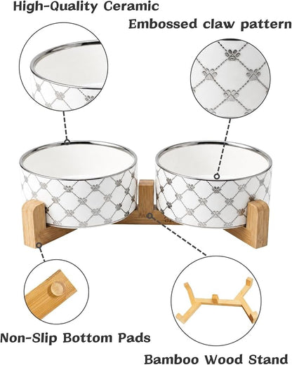 TRUVIC Ceramic Dog Bowl Set of 2 with Wood Stand, Silver Claw Pattern Dog Food and Water Bowl Set, 3.5 Cup/28 oz Puppy Food Bowls for Medium Dogs, Dishwasher Safe
