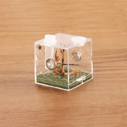 crapelles Jumping Spider Micro Middle Habitat, Small Pet Insect Breeding Box, 360 Degree Transparent Reptile Cage, Acrylic Case Mini Carrier for Amphibians, Feeding Container Enclosure Accessories