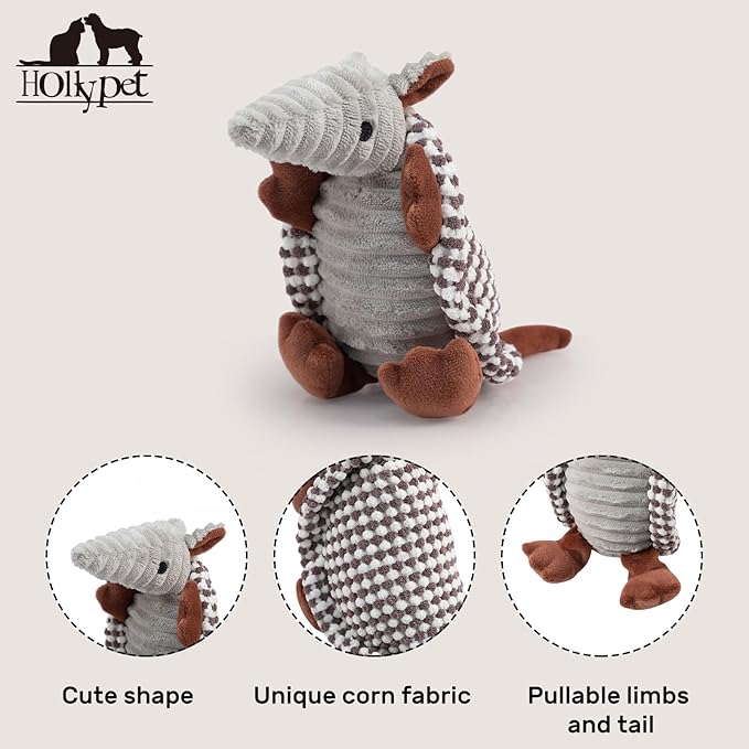 Hollypet Plush Dog Squeaky Toy Stuffed Armadillo Animal Pet Puppy Chew Toys with Clean Teeth for Small Medium Large All Breed Sizes Dogs, White and Light Grey,8 in