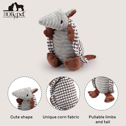 Hollypet Plush Dog Squeaky Toy Stuffed Armadillo Animal Pet Puppy Chew Toys with Clean Teeth for Small Medium Large All Breed Sizes Dogs, White and Light Grey,8 in