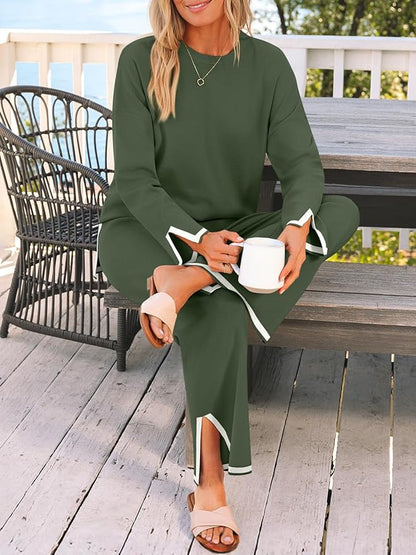 LILLUSORY Women Fall 2 Piece Lounge Set Outfits Sweatsuits Long Sleeve Sweater Tops Wide Leg Pants
