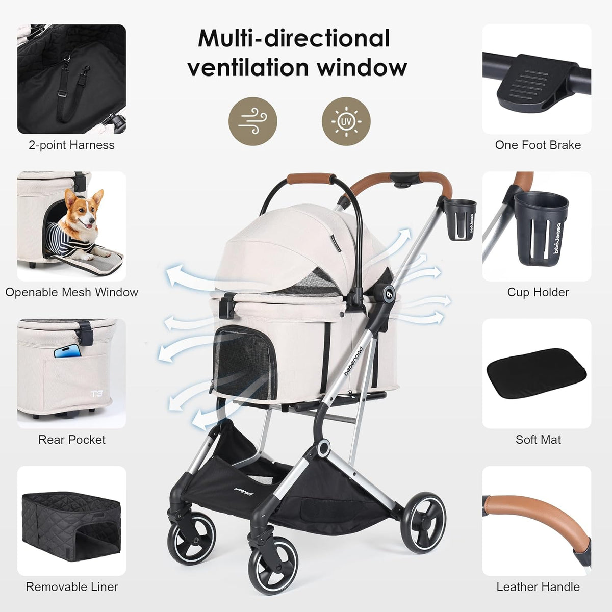 T3 Pro 3-in-1 Pet Stroller for Small Dogs & Cats – Foldable, Lightweight with Detachable Carrier, 180° Canopy & Cup Holder (Beige)