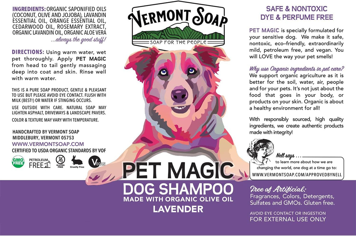 VERMONT SOAP Organics Pet Shampoo - Infused with Organic & Natural Olive Oil, Coconut & Aloe Vera Dog Shampoo for Sensitive Skin - USDA Certified Grooming Pet Shampoo - Lavender (640oz)
