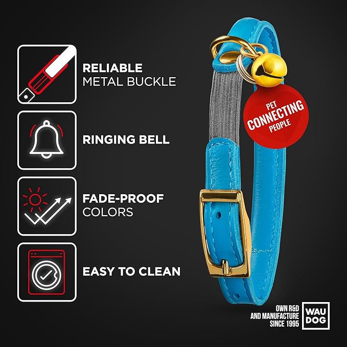 WAUDOG Ultra Soft Rolled Leather Cat Collar with Removable Bell, Safety Elastic Strap and QR ID Tag - Soft Padded for Small, Medium, and Large Cats - Round Kitten Collar for Male and Female Cats