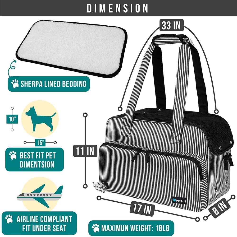 PetAmi Small Dog Purse Carrier, Soft-Sided Pet Carrier Bag with Pockets, Portable Puppy Cat Travel Handbag Tote, Airline Approved Breathable Mesh, Poop Bag Dispenser, Max 18 lbs, Stripe Black