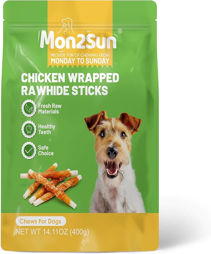 MON2SUN Dog Treats, Rawhide Twist Chicken Hide Sticks, Suitable for Puppy and Small Dogs, 5 Inch (Chicken, 14.11 oz)