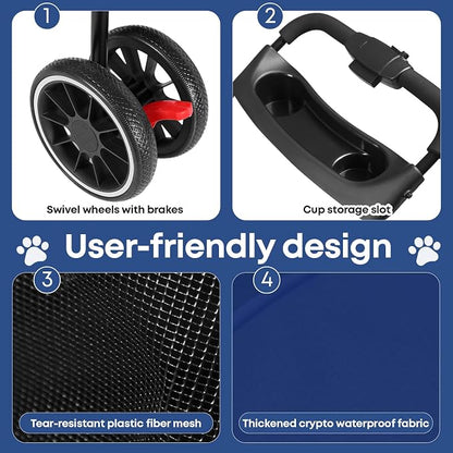 Pet Stroller,Dog Stroller for Small Medium Dogs Cats,3 Wheels,Navy Blue | Foldable,with Breathable Mesh Canopy,Cup Holders,Easy Assembly