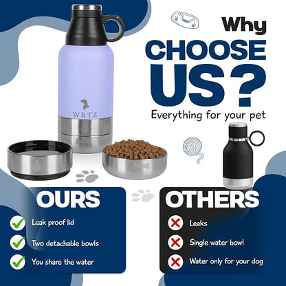 Portable Dog Water Bottle with 2 Removable Water Bowls for Dogs – Leak-Proof Insulated Stainless Steel Dog Water Bottle – Travel Accessories for Dogs - 32oz - Lavender