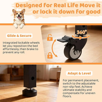Beside Dog Bed,2 Panels Adjustable Height Dog Bunk Beds,35.4”x23.6” Metal Frame & Cushion, Converts to Bunk Bed or Bed Extension Attachment for Human Bed, for Medium Dogs