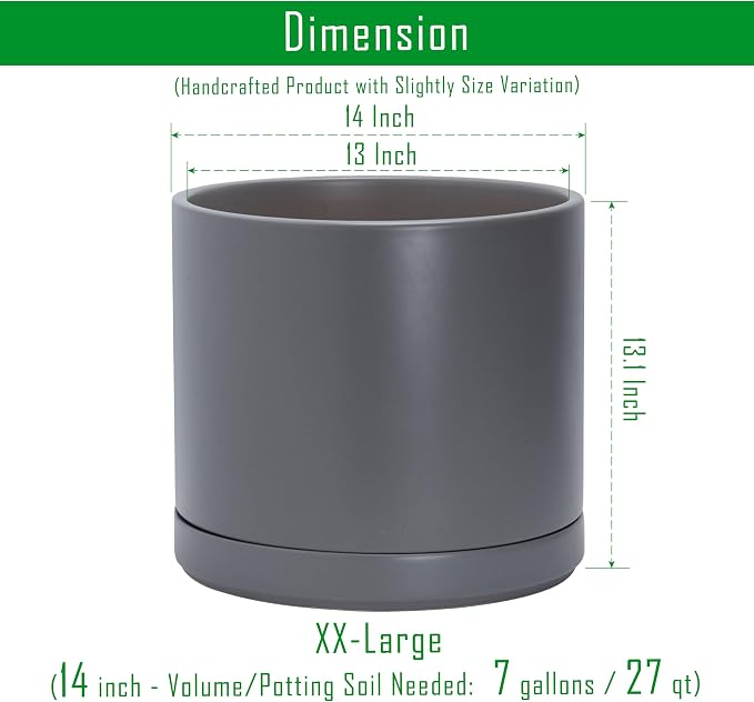 D'vine Dev 14 Inch Ceramic Planter Pot with Drainage Hole and Saucer, Indoor Cylinder Round Planter Pot, Speckled Grey, 94-O-G-3
