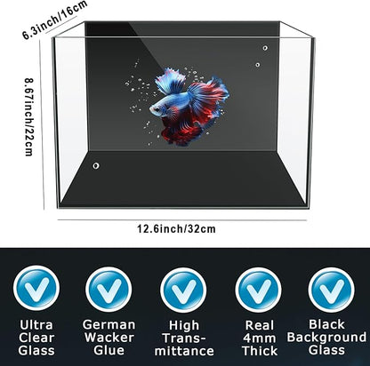 3 Gallon 12.6” L Fish Nano Glass Aquarium, with Separator Plate for Betta, Multi-Functional Square Fish Tank with Filter, LED Light, Black 4mm Glass
