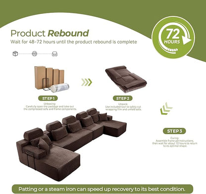 171" U-Shaped Cloud Modular Sectional Sofa with Chaise & Headrest, Boneless Deep Seat Plush Corduroy Couches for Large Living Room, No Assembly Required (Brown, 171" U-shapred Chaise)