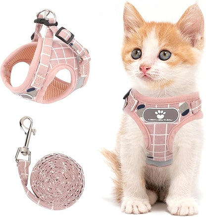 Cat Vest Harness and Small Dog Vest Harness for Walking, All Weather Mesh Harness, Cat Vest Harness with Reflective Strap, Step in Adjustable Harness for Small Cats (Pink-Pattern)
