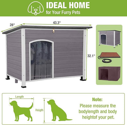 GUTINNEEN Extra Large Heated Dog House Outdoor Weatherproof Insulated Dog House XL Dog Kennel with Thermostat-Controlled Heating Pad, Thermal Liner, Chew-Proof Metal Frame for Large Dogs (Grey)