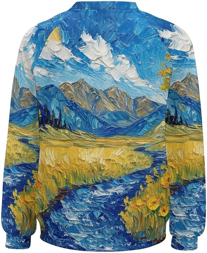 Long Sleeve Shirts for Women Cat Oil Painting Shirt 3D Graphic Sweatshirts Fall Pullover Crewneck Vintage Boho Tops