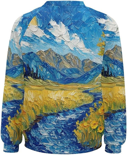 Long Sleeve Shirts for Women Cat Oil Painting Shirt 3D Graphic Sweatshirts Fall Pullover Crewneck Vintage Boho Tops