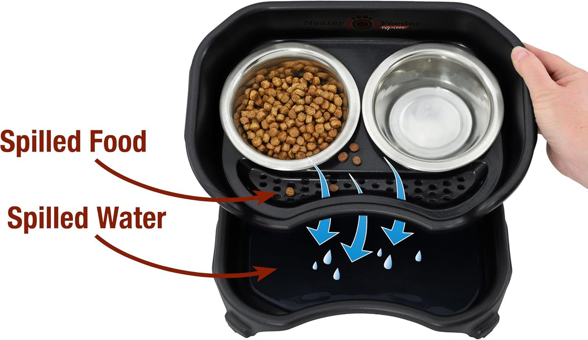 Neater Feeder Express Mess Proof Cat Bowls Elevated, No Spill Feeding Station, Stainless Steel Dishes for Food and Water, Raised Bowls for Indoor Cats, No Fatigue Whisker Friendly Dish, Black