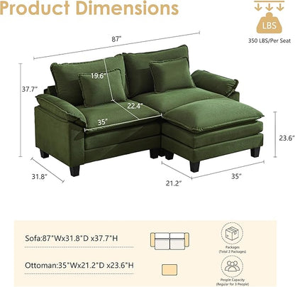 URRED Cloud Couch Modular Sectional Sofa, 87" Modern L Shaped Deep Seat Sofa with Ottoman & Pillows, Ultra Comfy Corduroy Couches for Living Room, Bedroom or Apartment, Green