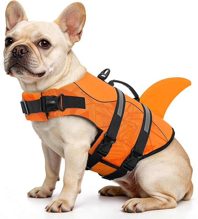 Dog Life Jacket High Flotation, Reflective Dog Life Vest for Swimming, Adjustable Dogs Life Preserver Rescue Handle Spring Summer Pool for Small, Medium, Large Dogs (OrangeLines,M)